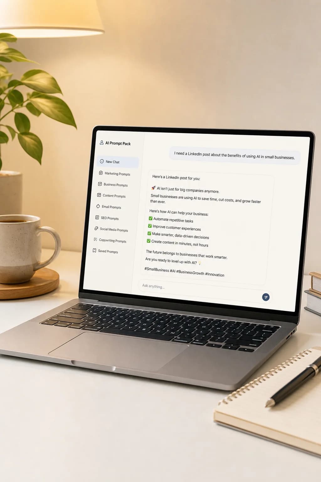Laptop showing AI prompt interface — AutomatePacks