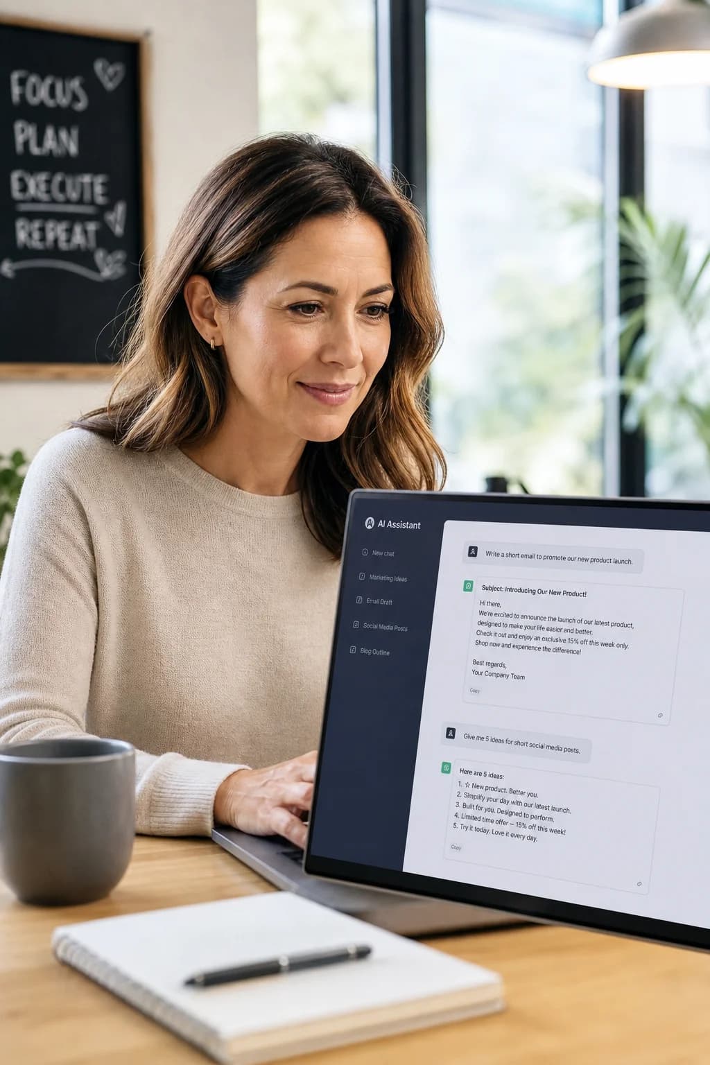 Small business owner using AI prompts on laptop — AutomatePacks